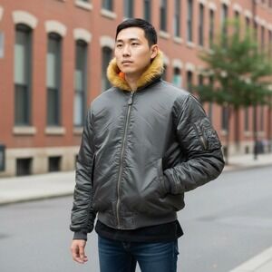 VTG Jordan Craig Black Bomber Jacket Hooded Faux Fur Trim Orange Lined Mens L